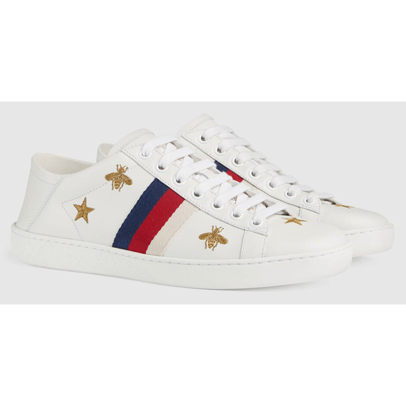 Gucci New Ace White Star Bee Gold GG Logo Flat Low Top Lace Up Tie Sneaker 42 - Picture 2 of 12